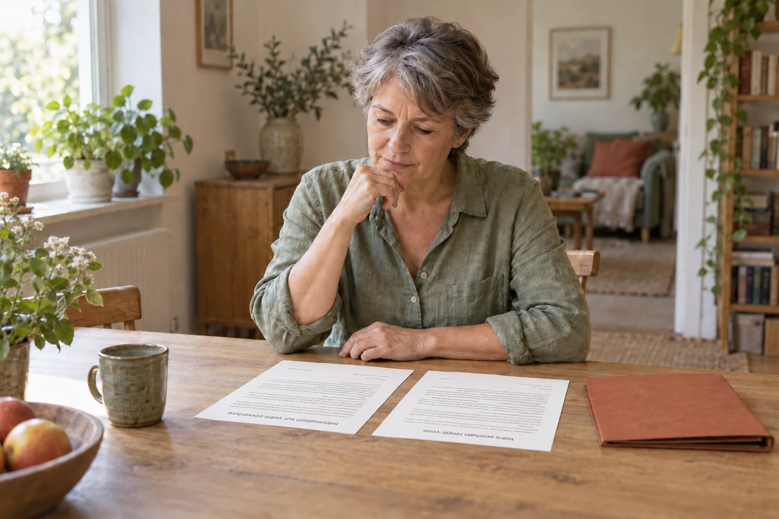 Une femme assise à une table regarde des feuilles posées devant elle, à côté d’un dossier.
