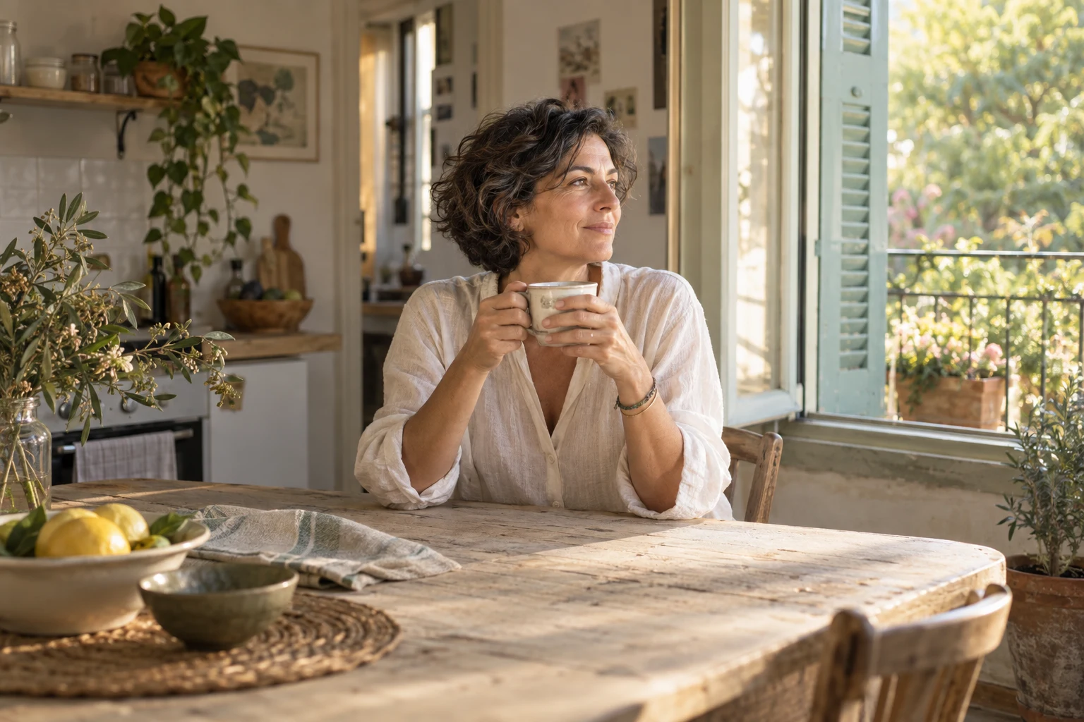 Une femme tient une tasse près d’une fenêtre ouverte, dans une lumière douce.