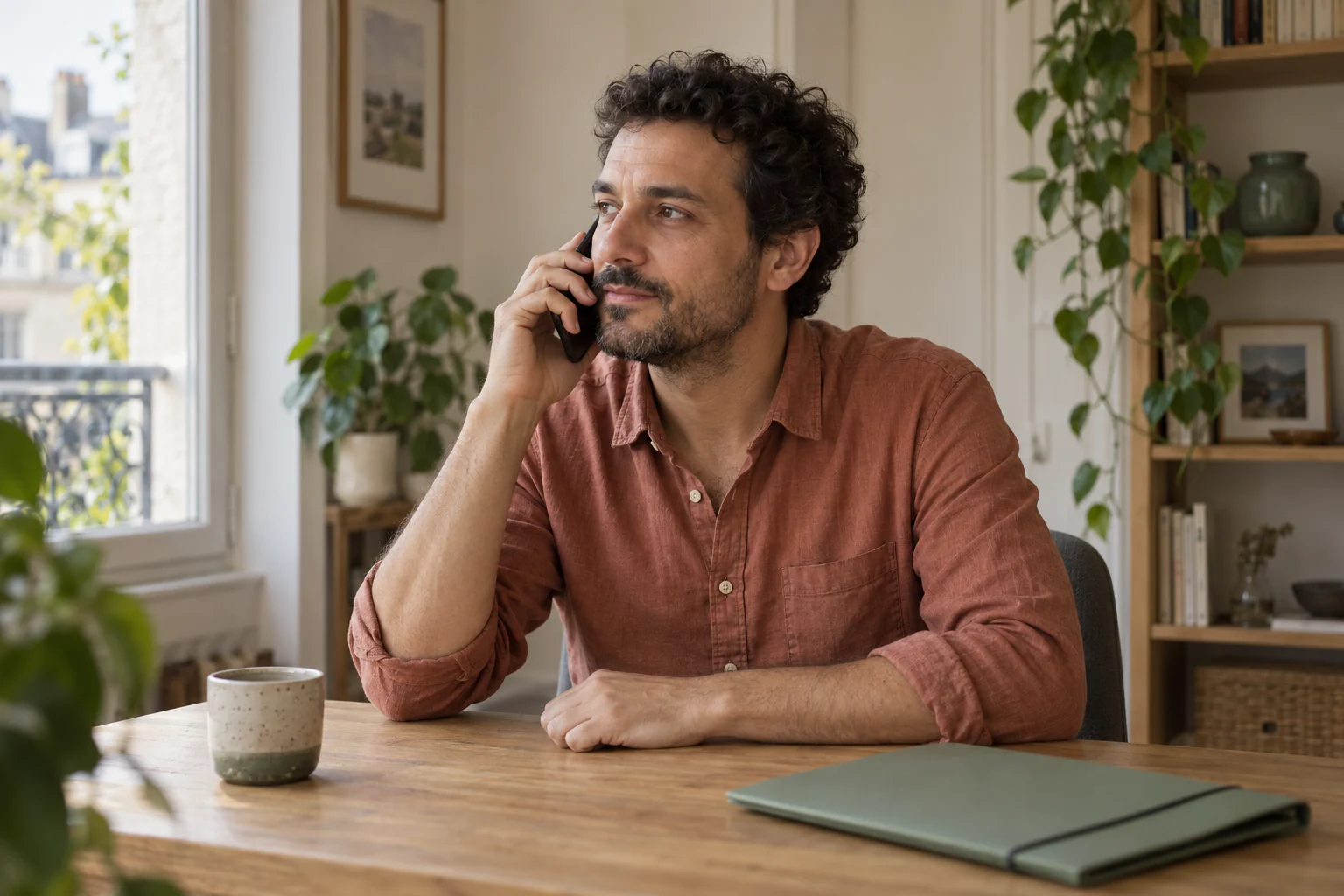 Un homme téléphone près d’une fenêtre, assis à une table avec un dossier fermé.